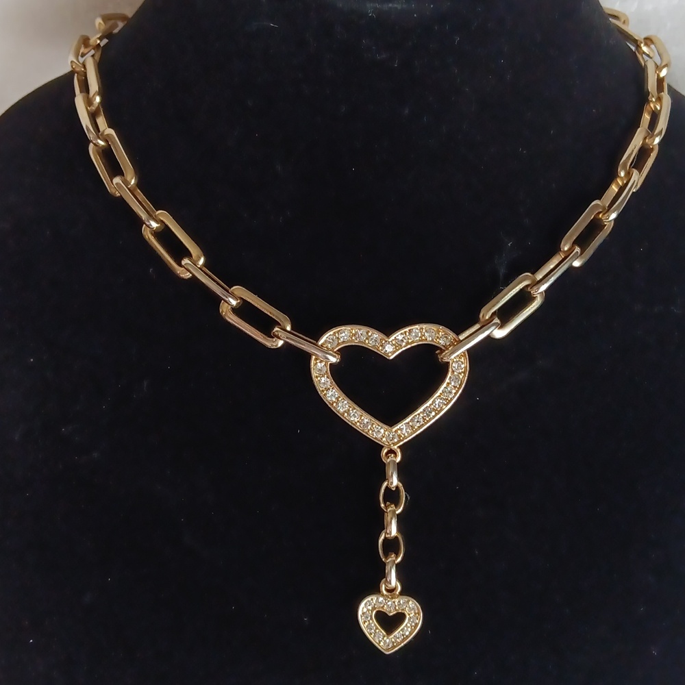 Gold tone chunky choker double heart 18"